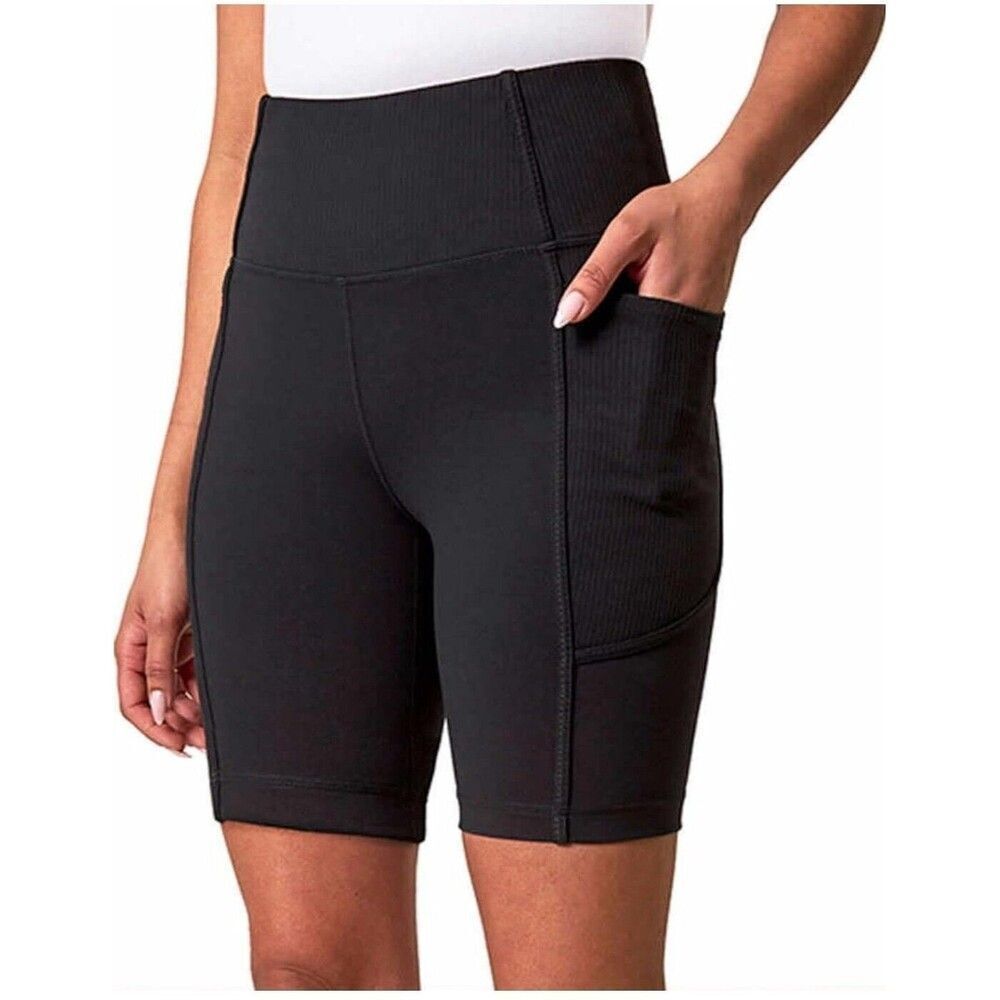 Mondetta Hi Waist 8" Women's Compressive Bike Shorts Ribbed Pockets Black Size S